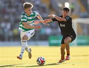 8 July 2025; Mitchell Robertson of Celtic in action against Matthew Kiernan of Cork City during the Cork Super Cup match between Cork City and Celtic FC at SuperValu Páirc Uí Chaoimh in Cork. Photo by Thomas Flinkow/Sportsfile