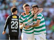 8 July 2025; Colby Donovan of Celtic, right, celebrates with teammate Mitchell Robertson during the Cork Super Cup match between Cork City and Celtic FC at SuperValu Páirc Uí Chaoimh in Cork. Photo by Thomas Flinkow/Sportsfile