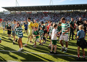 8 July 2025; Supporters run onto the pitch after the Cork Super Cup match between Cork City and Celtic FC at SuperValu Páirc Uí Chaoimh in Cork. Photo by Thomas Flinkow/Sportsfile