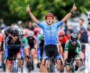 8 July 2025; Luca Bednarek of Hot Tubes celebrates after winning the Stage 1 of 2025 Junior Tour of Ireland from Ennis to Barefield. Photo by Stephen McMahon/Sportsfile