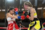 8 July 2025; Elise Soto, left, and Colleen Davis during their super featherweight bout held at The Oculus at World Trade Center in New York, USA, as part of the open workout event in the build up to the undisputed super lightweight championship fight between Katie Taylor and Amanda Serrano, on July 11th at Madison Square Garden in New York. Photo by Stephen McCarthy/Sportsfile