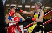 8 July 2025; Elise Soto, left, and Colleen Davis during their super featherweight bout held at The Oculus at World Trade Center in New York, USA, as part of the open workout event in the build up to the undisputed super lightweight championship fight between Katie Taylor and Amanda Serrano, on July 11th at Madison Square Garden in New York. Photo by Stephen McCarthy/Sportsfile