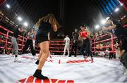 8 July 2025; Amanda Serrano, right, during an open workout session, held at The Oculus at World Trade Center in New York, USA, ahead of her undisputed super lightweight championship fight with Katie Taylor, on July 11th at Madison Square Garden in New York. Photo by Stephen McCarthy/Sportsfile