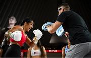 8 July 2025; Amanda Serrano during an open workout session, held at The Oculus at World Trade Center in New York, USA, ahead of her undisputed super lightweight championship fight with Katie Taylor, on July 11th at Madison Square Garden in New York. Photo by Stephen McCarthy/Sportsfile