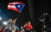 8 July 2025; Amanda Serrano and Jake Paul, co-Founder of Most Valuable Promotions during an open workout session, held at The Oculus at World Trade Center in New York, USA, ahead of her undisputed super lightweight championship fight with Katie Taylor, on July 11th at Madison Square Garden in New York. Photo by Stephen McCarthy/Sportsfile