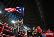 8 July 2025; Amanda Serrano and Jake Paul, co-Founder of Most Valuable Promotions during an open workout session, held at The Oculus at World Trade Center in New York, USA, ahead of her undisputed super lightweight championship fight with Katie Taylor, on July 11th at Madison Square Garden in New York. Photo by Stephen McCarthy/Sportsfile