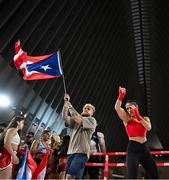 8 July 2025; Amanda Serrano and Jake Paul, co-Founder of Most Valuable Promotions during an open workout session, held at The Oculus at World Trade Center in New York, USA, ahead of her undisputed super lightweight championship fight with Katie Taylor, on July 11th at Madison Square Garden in New York. Photo by Stephen McCarthy/Sportsfile