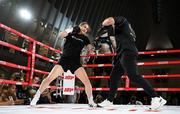 8 July 2025; Katie Taylor, and trainer Ross Enamait, during an open workout session, held at The Oculus at World Trade Center in New York, USA, ahead of her undisputed super lightweight championship fight with Amanda Serrano, on July 11th at Madison Square Garden in New York. Photo by Stephen McCarthy/Sportsfile