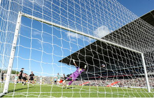 8 July 2025; Cork City goalkeeper David Odumosu concedes his side's first goal during the Cork Super Cup match between Cork City and Celtic FC at SuperValu Páirc Uí Chaoimh in Cork. Photo by Thomas Flinkow/Sportsfile
