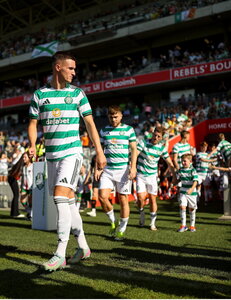 8 July 2025; Players, including Johnny Kenny of Celtic, enter the pitch before the Cork Super Cup match between Cork City and Celtic FC at SuperValu Páirc Uí Chaoimh in Cork. Photo by Thomas Flinkow/Sportsfile