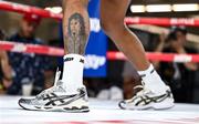 8 July 2025; A tattoo on the leg of Shadasia Green during an open workout session, held at The Oculus at World Trade Center in New York, USA, ahead of her IBF and WBO super middleweight championship fight with Savannah Marshall, on July 11th at Madison Square Garden in New York. Photo by Stephen McCarthy/Sportsfile