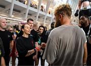 8 July 2025; Cherneka Johnson and Jake Paul, co-Founder of Most Valuable Promotions, during an open workout session, held at The Oculus at World Trade Center in New York, USA, ahead of her undisputed bantamweight championship fight  with Shurretta Metcalf, on July 11th at Madison Square Garden in New York. Photo by Stephen McCarthy/Sportsfile