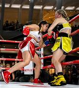 8 July 2025; Elise Soto, left, and Colleen Davis during their super featherweight bout held at The Oculus at World Trade Center in New York, USA, as part of the open workout event in the build up to the undisputed super lightweight championship fight between Katie Taylor and Amanda Serrano, on July 11th at Madison Square Garden in New York. Photo by Stephen McCarthy/Sportsfile