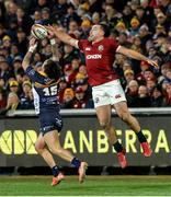9 July 2025; James Lowe of British & Irish Lions in action against Andy Muirhead of ACT Brumbies during the tour match between ACT Brumbies and the British & Irish Lions at GIO Stadium in Canberra, Australia. Photo by Steve Christo/Sportsfile