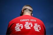 9 July 2025; A Shelbourne supporter before the UEFA Champions League First Qualifying Round first leg match between Shelbourne and Linfield at Tolka Park in Dublin. Photo by Seb Daly/Sportsfile