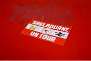 9 July 2025; A Shelbourne sticker before the UEFA Champions League First Qualifying Round first leg match between Shelbourne and Linfield at Tolka Park in Dublin. Photo by Seb Daly/Sportsfile