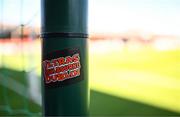 9 July 2025; A Shelbourne Ultras sticker is seen pitchside before the UEFA Champions League First Qualifying Round first leg match between Shelbourne and Linfield at Tolka Park in Dublin. Photo by Ben McShane/Sportsfile