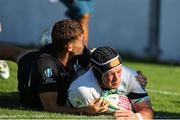 9 July 2025; Oisin Minogue of Ireland scores a try during the World Rugby U20 Championship 2025 Pool C match between Ireland and New Zealand at Stadio San Michele in Calvisano, Italy. Photo by Massimiliano Carnabuci/Sportsfile