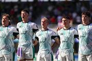 9 July 2025; Ireland players during national anthem at the World Rugby U20 Championship 2025 Pool C match between Ireland and New Zealand at Stadio San Michele in Calvisano, Italy. Photo by Massimiliano Carnabuci/Sportsfile