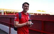 9 July 2025; Shelbourne goalkeeper Lorcan Healy arrives before the UEFA Champions League First Qualifying Round first leg match between Shelbourne and Linfield at Tolka Park in Dublin. Photo by Ben McShane/Sportsfile