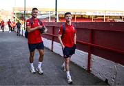 9 July 2025; Ali Coote, right, and John O'Sullivan of Shelbourne arrive before the UEFA Champions League First Qualifying Round first leg match between Shelbourne and Linfield at Tolka Park in Dublin. Photo by Ben McShane/Sportsfile