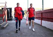 9 July 2025; Sean Gannon, left, and Daniel Kelly of Shelbourne arrive before the UEFA Champions League First Qualifying Round first leg match between Shelbourne and Linfield at Tolka Park in Dublin. Photo by Ben McShane/Sportsfile
