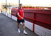 9 July 2025; JJ Lunney of Shelbourne arrives before the UEFA Champions League First Qualifying Round first leg match between Shelbourne and Linfield at Tolka Park in Dublin. Photo by Ben McShane/Sportsfile