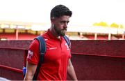 9 July 2025; Sam Bone of Shelbourne arrives before the UEFA Champions League First Qualifying Round first leg match between Shelbourne and Linfield at Tolka Park in Dublin. Photo by Ben McShane/Sportsfile