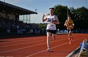 9 July 2025; Odhran O'Sullivan of Midleton celebrates on his way to winning The River Lee Hotel Junior Men's 1500m during the Cork City Sports meet at MTU Arena in Cork. Photo by Sam Barnes/Sportsfile