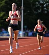 9 July 2025; Faye Mannion of Ennis Track Club on her way to winning the MTU Junior Women's 800m during the Cork City Sports meet at MTU Arena in Cork. Photo by Sam Barnes/Sportsfile