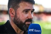 9 July 2025; Linfield manager David Healy is interviewed for RTÉ before the UEFA Champions League First Qualifying Round first leg match between Shelbourne and Linfield at Tolka Park in Dublin. Photo by Ben McShane/Sportsfile