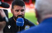9 July 2025; Linfield manager David Healy is interviewed for RTÉ before the UEFA Champions League First Qualifying Round first leg match between Shelbourne and Linfield at Tolka Park in Dublin. Photo by Ben McShane/Sportsfile