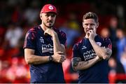9 July 2025; Shelbourne head coach Joey O'Brien, left, and  Shelbourne technical director Luke Byrne before the UEFA Champions League First Qualifying Round first leg match between Shelbourne and Linfield at Tolka Park in Dublin. Photo by Seb Daly/Sportsfile