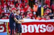 9 July 2025; Shelbourne head coach Joey O'Brien, left, and  Shelbourne technical director Luke Byrne before the UEFA Champions League First Qualifying Round first leg match between Shelbourne and Linfield at Tolka Park in Dublin. Photo by Seb Daly/Sportsfile