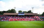 9 July 2025; Shelbourne supporters in the Riverside stand before the UEFA Champions League First Qualifying Round first leg match between Shelbourne and Linfield at Tolka Park in Dublin. Photo by Seb Daly/Sportsfile