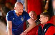 9 July 2025; Chris Shields of Linfield, left, and Sean Gannon of Shelbourne in the stands before the UEFA Champions League First Qualifying Round first leg match between Shelbourne and Linfield at Tolka Park in Dublin. Photo by Seb Daly/Sportsfile