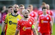 9 July 2025; Mark Coyle of Shelbourne leads his side out before the UEFA Champions League First Qualifying Round first leg match between Shelbourne and Linfield at Tolka Park in Dublin. Photo by Seb Daly/Sportsfile