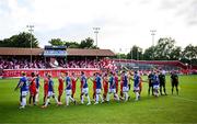 9 July 2025; Players from both side's shake hands before the UEFA Champions League First Qualifying Round first leg match between Shelbourne and Linfield at Tolka Park in Dublin. Photo by Seb Daly/Sportsfile