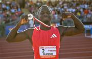 9 July 2025; Israel Olatunde of Ireland celebrates with his silver medal after finishing second in the SuperValu Men's 100m Race 2 during the Cork City Sports meet at MTU Arena in Cork. Photo by Sam Barnes/Sportsfile Photo by Sam Barnes/Sportsfile