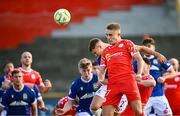 9 July 2025; Evan Caffrey of Shelbourne heads on goal during the UEFA Champions League First Qualifying Round first leg match between Shelbourne and Linfield at Tolka Park in Dublin. Photo by Seb Daly/Sportsfile