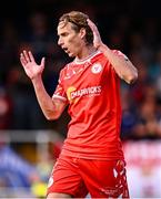 9 July 2025; Harry Wood of Shelbourne reacts after a missed opportunity on goal during the UEFA Champions League First Qualifying Round first leg match between Shelbourne and Linfield at Tolka Park in Dublin. Photo by Ben McShane/Sportsfile