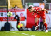 9 July 2025; Evan Caffrey of Shelbourne heads on goal during the UEFA Champions League First Qualifying Round first leg match between Shelbourne and Linfield at Tolka Park in Dublin. Photo by Seb Daly/Sportsfile