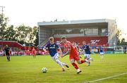 9 July 2025; Kameron Ledwidge of Shelbourne in action against Matthew Orr of Linfield during the UEFA Champions League First Qualifying Round first leg match between Shelbourne and Linfield at Tolka Park in Dublin. Photo by Seb Daly/Sportsfile