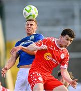 9 July 2025; Ali Coote of Shelbourne in action against Ethan McGee of Linfield during the UEFA Champions League First Qualifying Round first leg match between Shelbourne and Linfield at Tolka Park in Dublin. Photo by Seb Daly/Sportsfile