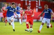 9 July 2025; Ali Coote of Shelbourne in action against Josh Archer, left, and Kirk Millar of Linfield during the UEFA Champions League First Qualifying Round first leg match between Shelbourne and Linfield at Tolka Park in Dublin. Photo by Seb Daly/Sportsfile