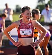 9 July 2025; Megan Keith of Great Britain after winning the PJ Hegarty Women's 3000m during the Cork City Sports meet at MTU Arena in Cork. Photo by Sam Barnes/Sportsfile