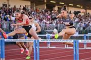 9 July 2025; Selina Von Jackowski of Switzerland, right, and Abigail Pawlett of Great Britain compete in the Athletics Ireland Women's 100m Hurdles during the Cork City Sports meet at MTU Arena in Cork. Photo by Sam Barnes/Sportsfile