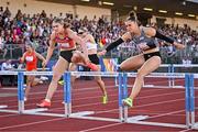9 July 2025; Selina Von Jackowski of Switzerland, right, and Abigail Pawlett of Great Britain compete in the Athletics Ireland Women's 100m Hurdles during the Cork City Sports meet at MTU Arena in Cork. Photo by Sam Barnes/Sportsfile