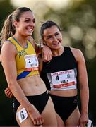 9 July 2025; Phil Healy of Ireland, right, and Rachel McCann of Ireland after competing in the Bridgewater Construction Women's 200m during the Cork City Sports meet at MTU Arena in Cork. Photo by Sam Barnes/Sportsfile