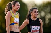 9 July 2025; Phil Healy of Ireland, right, and Rachel McCann of Ireland after competing in the Bridgewater Construction Women's 200m during the Cork City Sports meet at MTU Arena in Cork. Photo by Sam Barnes/Sportsfile
